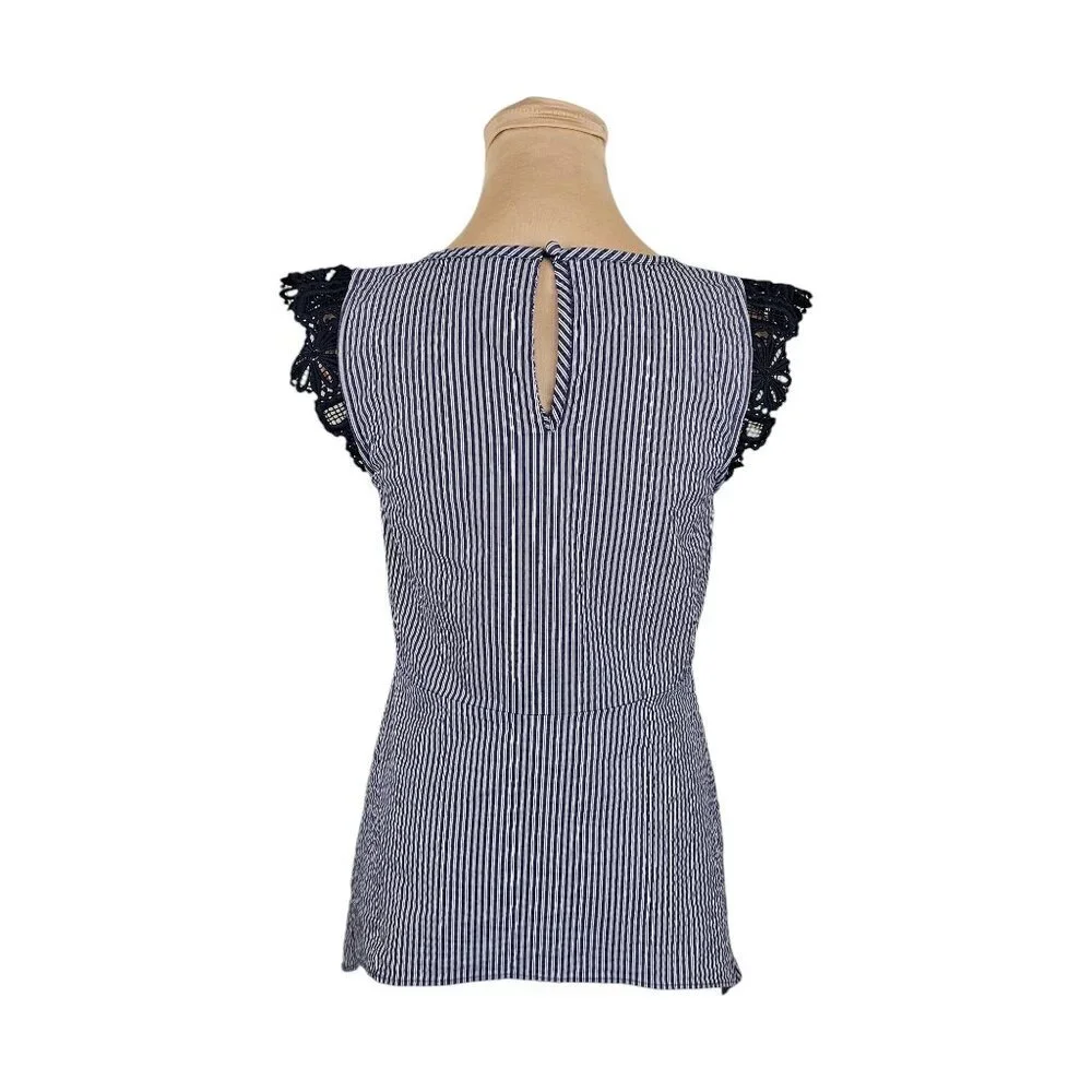 Cabi Navy Blue and White Striped Blouse With Frilly Lace Shoulders Sz XS - Picture 4 of 8